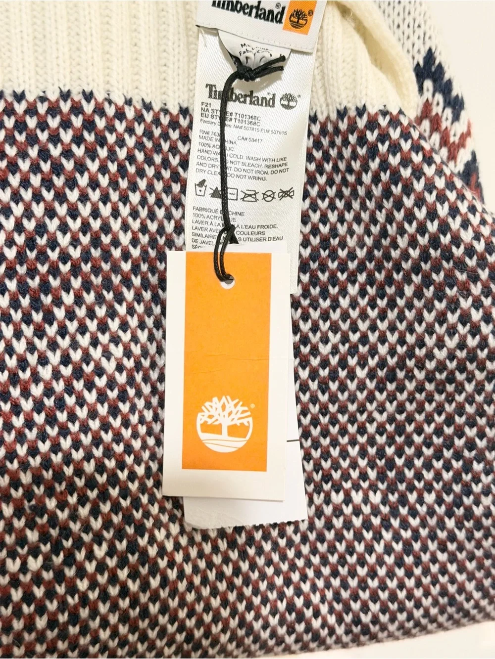 Timberland Cream Knit Scarf with Navy & Brown Fair Isle Pattern